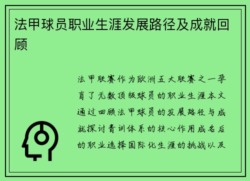 法甲球员职业生涯发展路径及成就回顾